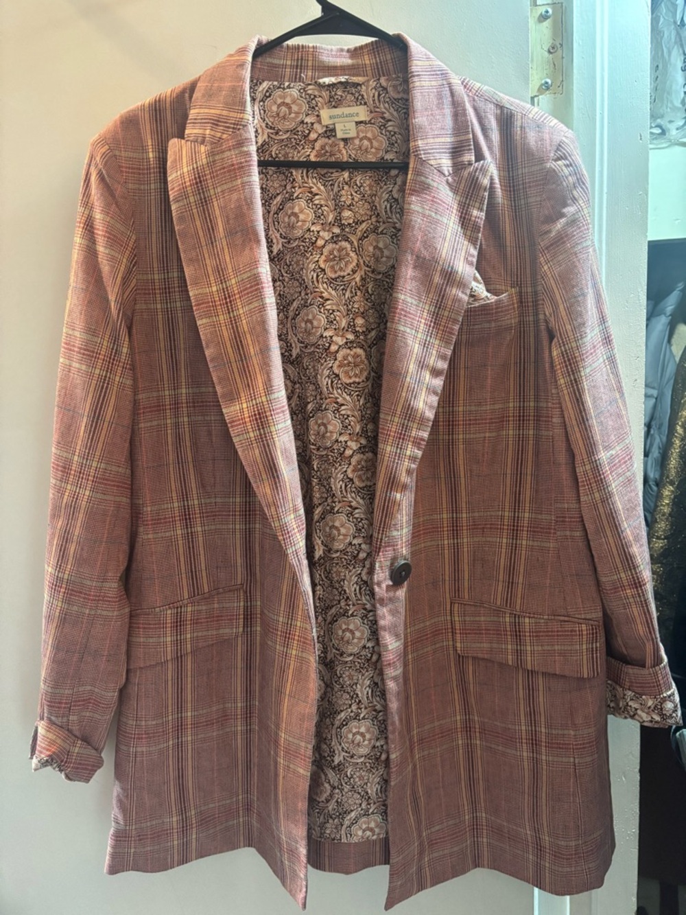 Sundance Pink Plaid Blazer Jacket with Subtle Yellow Accents